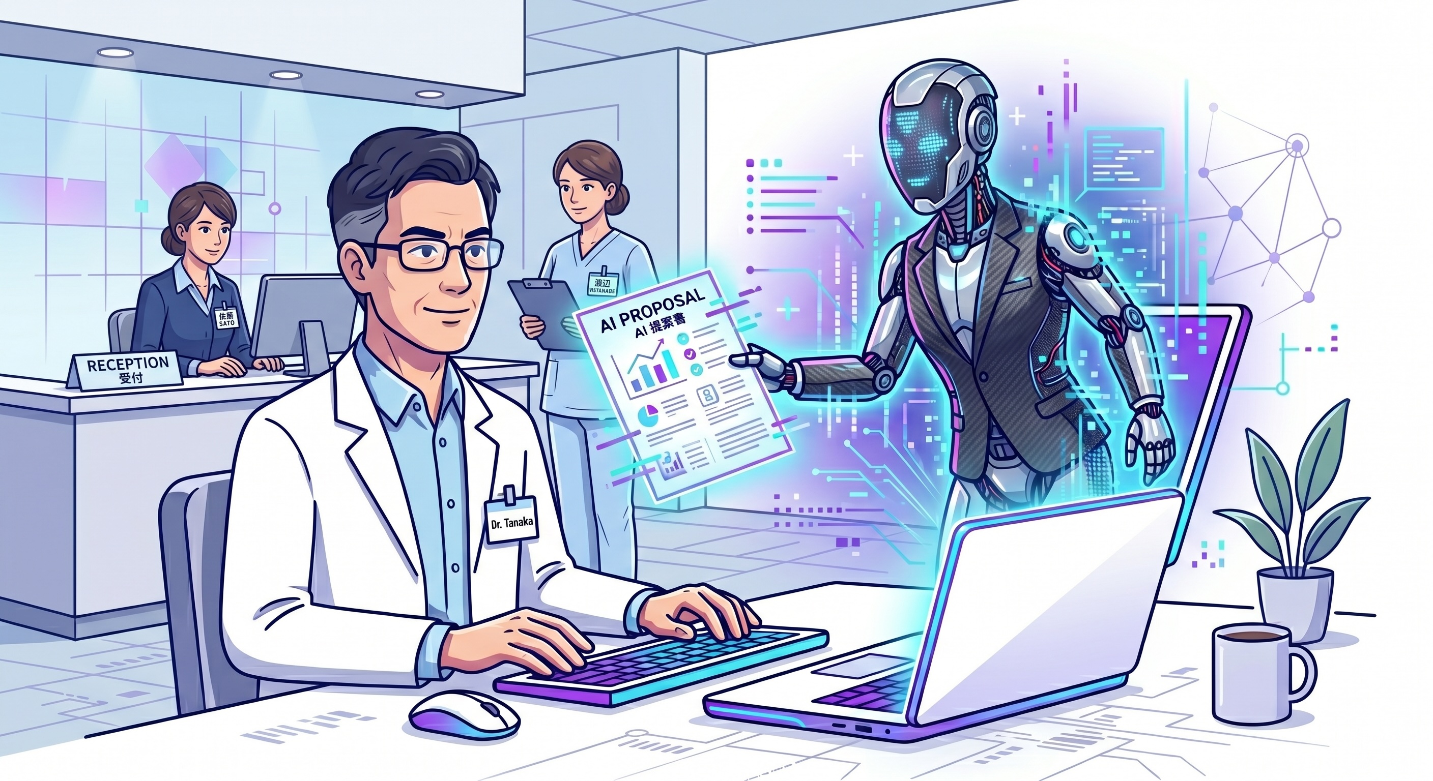 A modern Japanese medical clinic interior with soft purple and teal lighting, digital screens showing health data and AI analytics, clean professional atmosphere, wide angle shot suitable for a hero banner, photorealistic