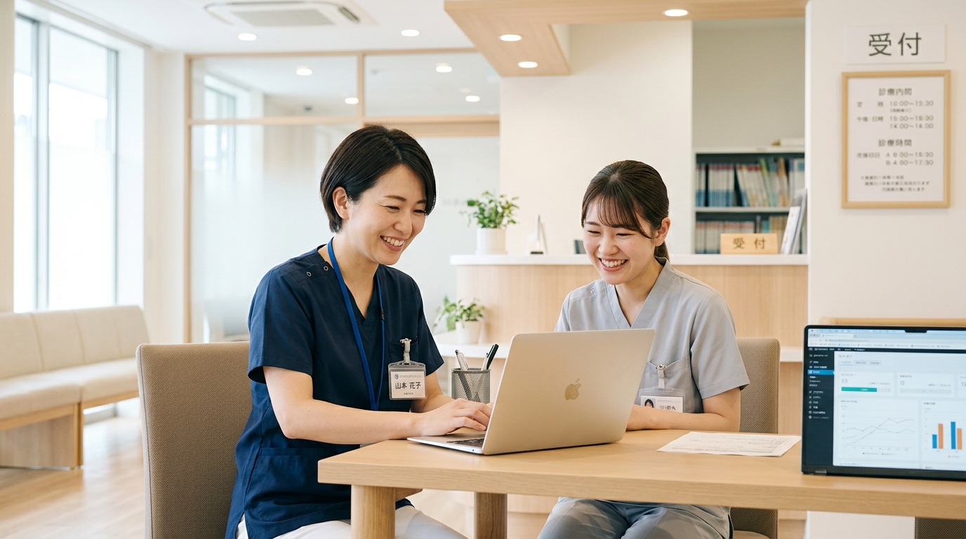 A Japanese nurse looking together at a laptop screen in a bright clinic reception area. Warm overhead lighting, both smiling, casual learning atmosphere.