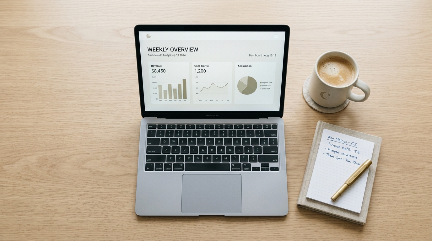 Overhead shot of an open laptop with a dashboard showing simple analytics charts, next to a coffee mug and a notepad. Neutral desk surface, soft natural light.