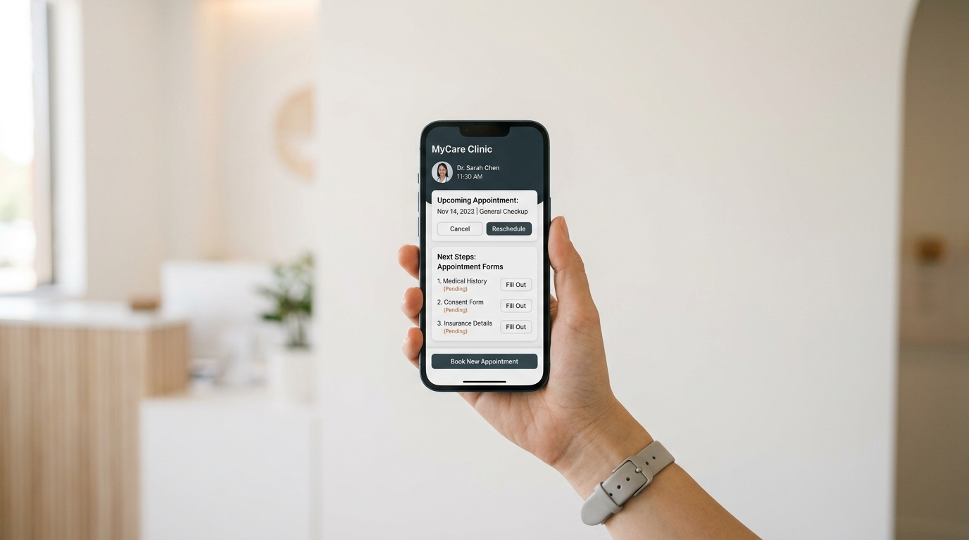 hand holding a modern smartphone displaying a clean medical UI with appointment booking and forms. Clinic environment, soft white background, shallow depth of field.
