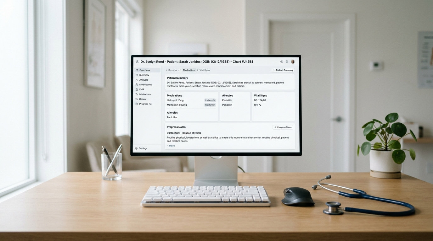 Close-up of a desktop monitor showing a clean EMR interface, with a keyboard and stethoscope beside it. Minimal desk, clinic context, soft backlight.