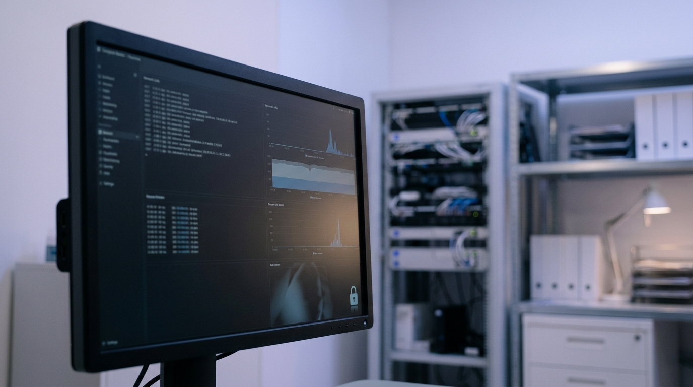 A padlock icon subtly reflected on a dark monitor screen showing network data. Clean server room or clinic back-office environment. Subtle blue-purple ambient glow.
