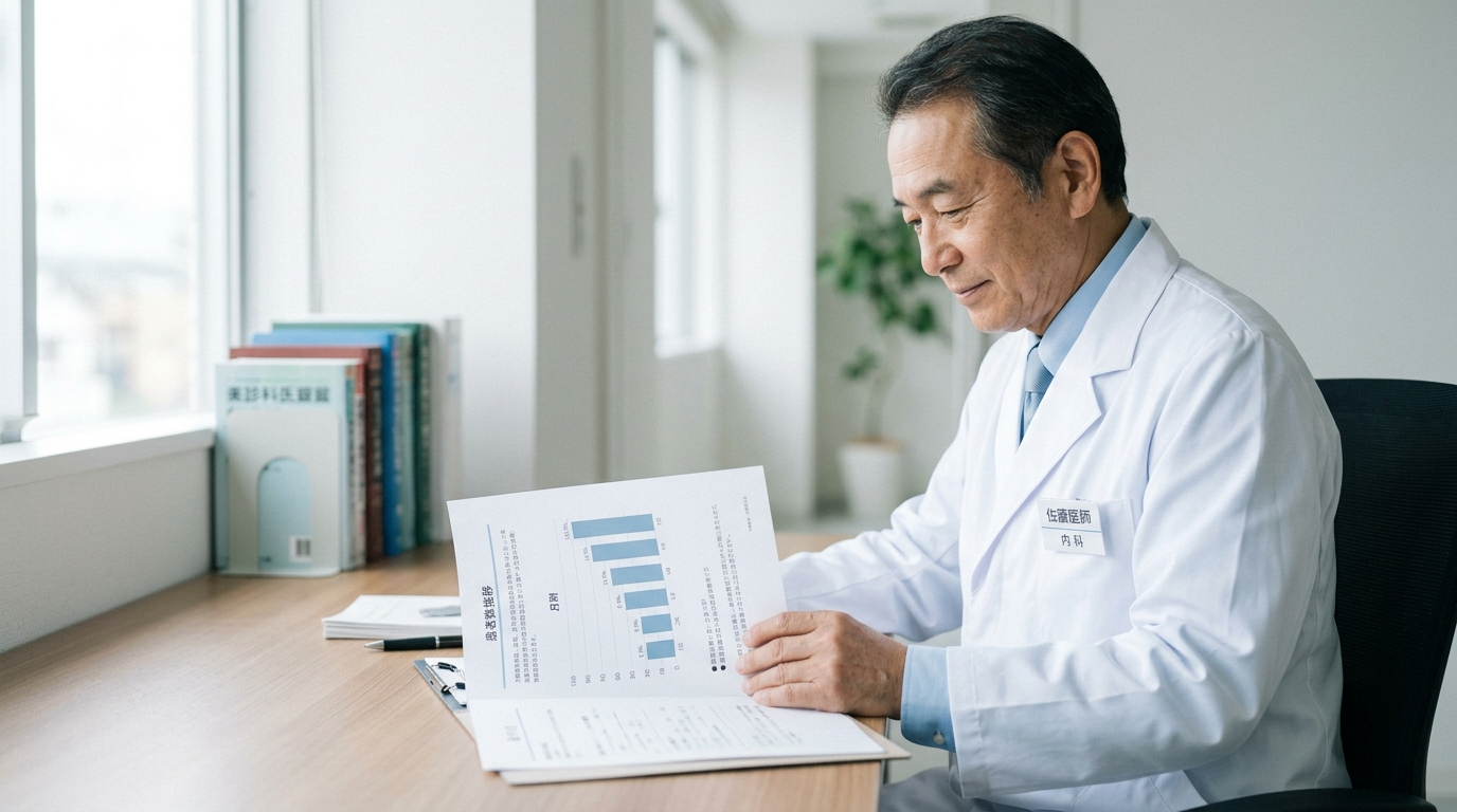 A person in business casual attire reviewing documents with a simple bar chart visible on the desk, clinic or office background. Natural light, calm and trustworthy mood.
